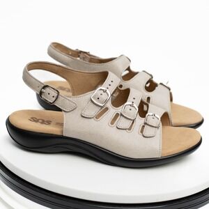 SAS Mystic Web Linen Sandals Women 8.5 WW Beige Leather Adjustable Comfort Shoes